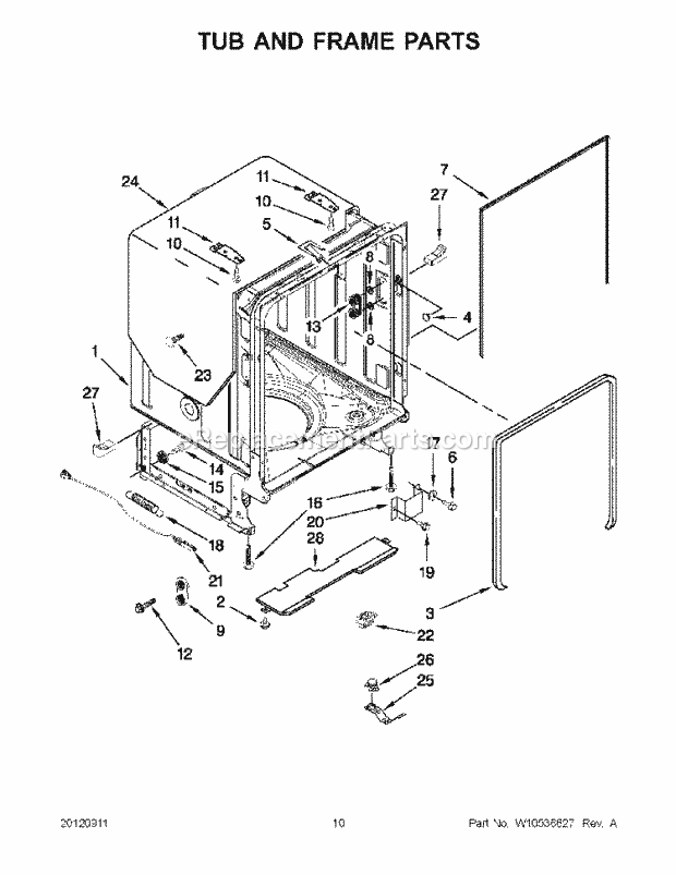 KitchenAid KUDC10FBWH0 Dishwasher Tub and Frame Parts Diagram