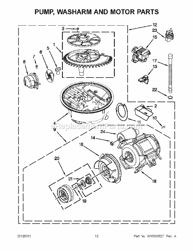 KitchenAid KUDC10FBWH0 Dishwasher Pump, Washarm and Motor Parts Diagram