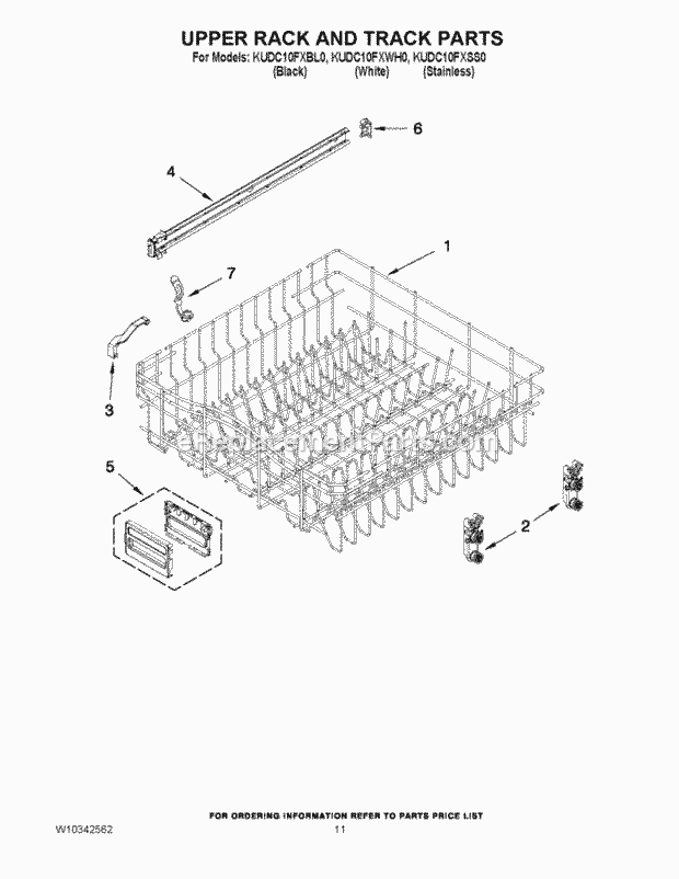 KitchenAid KUDC10FXBL0 Dishwasher Upper Rack and Track Parts Diagram