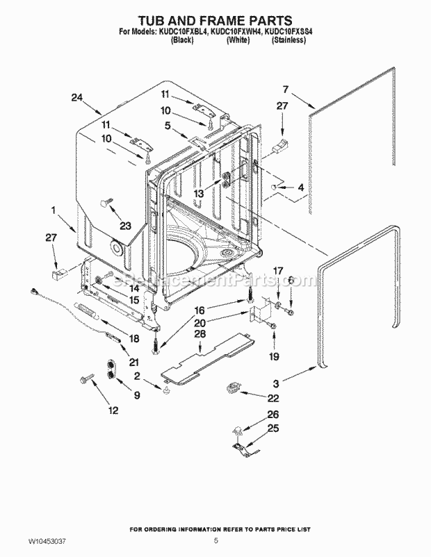 KitchenAid KUDC10FXWH4 Dishwasher Tub and Frame Parts Diagram