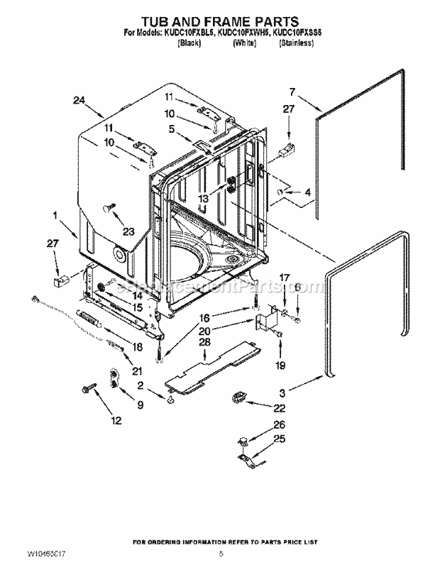 KitchenAid KUDC10FXWH5 Dishwasher Tub and Frame Parts Diagram