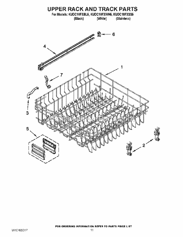 KitchenAid KUDC10FXWH5 Dishwasher Upper Rack and Track Parts Diagram