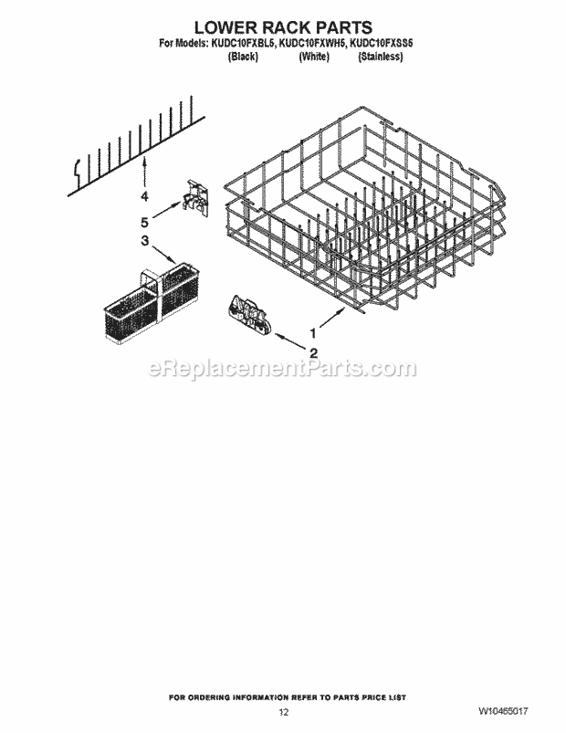 KitchenAid KUDC10FXWH5 Dishwasher Lower Rack Parts Diagram