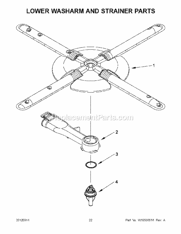 KitchenAid KUDC10IBBL0 Dishwasher Lower Washarm and Strainer Parts Diagram