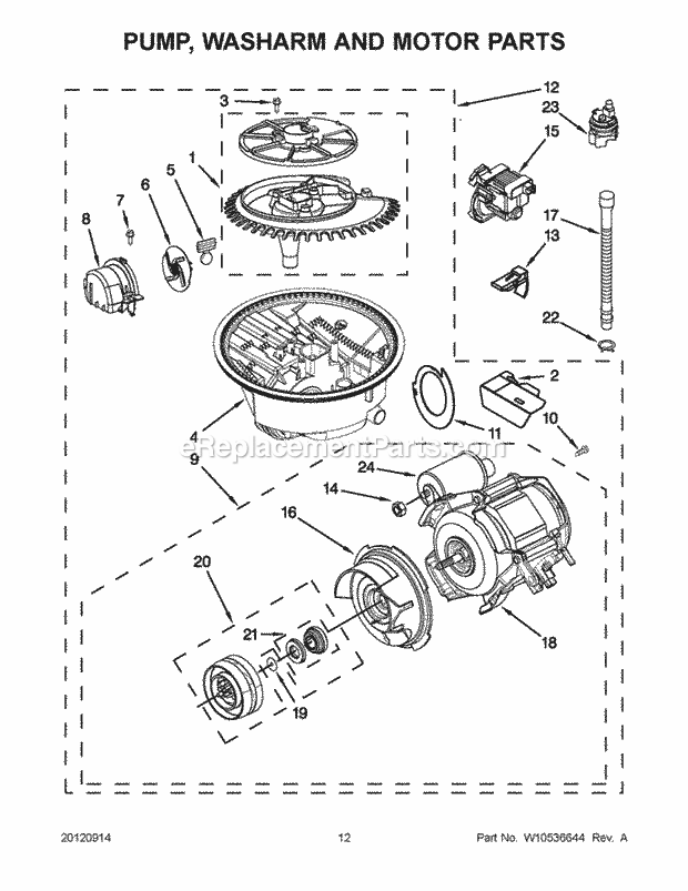 KitchenAid KUDC10IBWH0 Dishwasher Pump, Washarm and Motor Parts Diagram