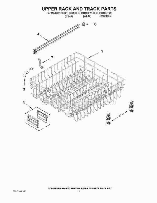 KitchenAid KUDC10IXBL0 Dishwasher Upper Rack and Track Parts Diagram