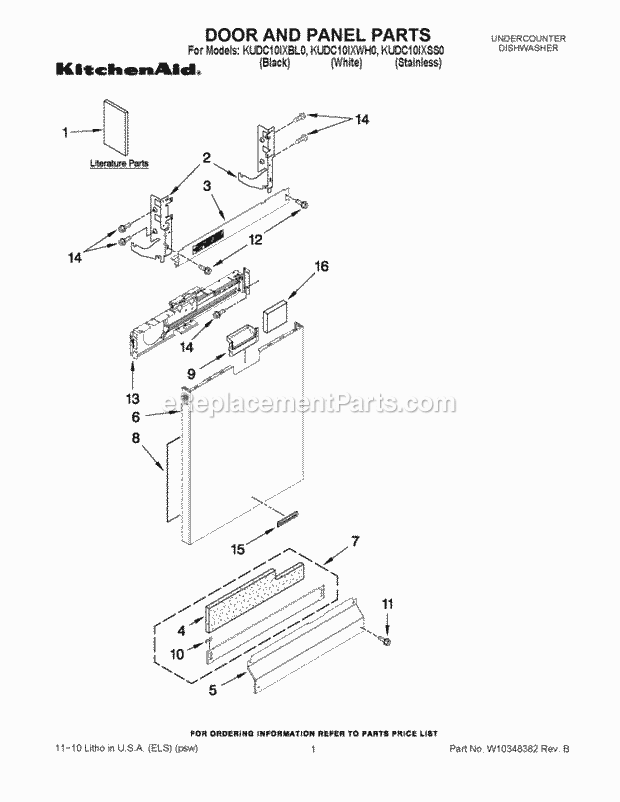 KitchenAid KUDC10IXSS0 Dishwasher Door and Panel Parts Diagram