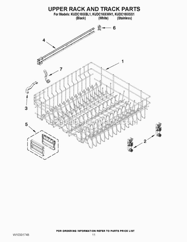 KitchenAid KUDC10IXSS1 Dishwasher Upper Rack and Track Parts Diagram