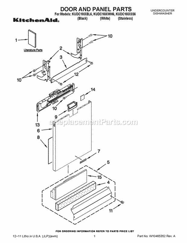 KitchenAid KUDC10IXSS6 Dishwasher Door and Panel Parts Diagram