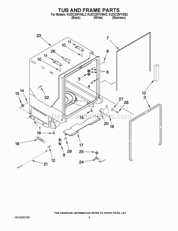 KitchenAid KUDC20FVWH2 Dishwasher Tub and Frame Parts Diagram