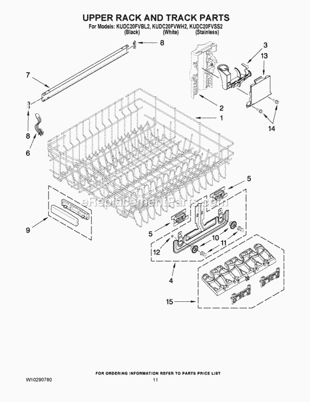 KitchenAid KUDC20FVWH2 Dishwasher Upper Rack and Track Parts Diagram