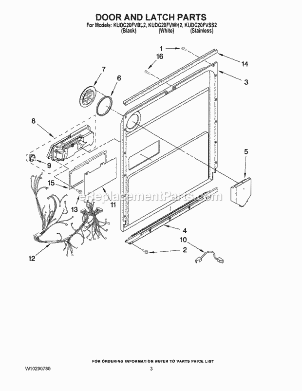 KitchenAid KUDC20FVWH2 Dishwasher Door and Latch Parts Diagram