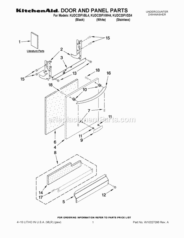 KitchenAid KUDC20FVWH4 Dishwasher Door and Panel Parts Diagram