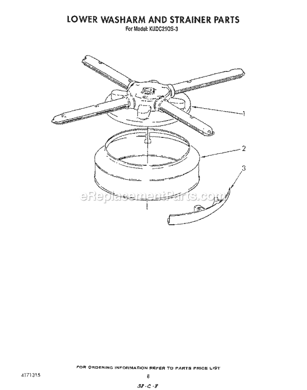 KitchenAid KUDC210S3 Dishwasher Lower Wash Arm and Strainer Diagram