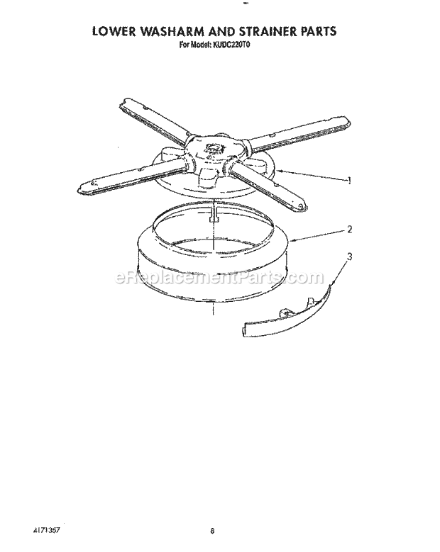 KitchenAid KUDC220T0 Dishwasher Lower Washarm and Strainer Diagram