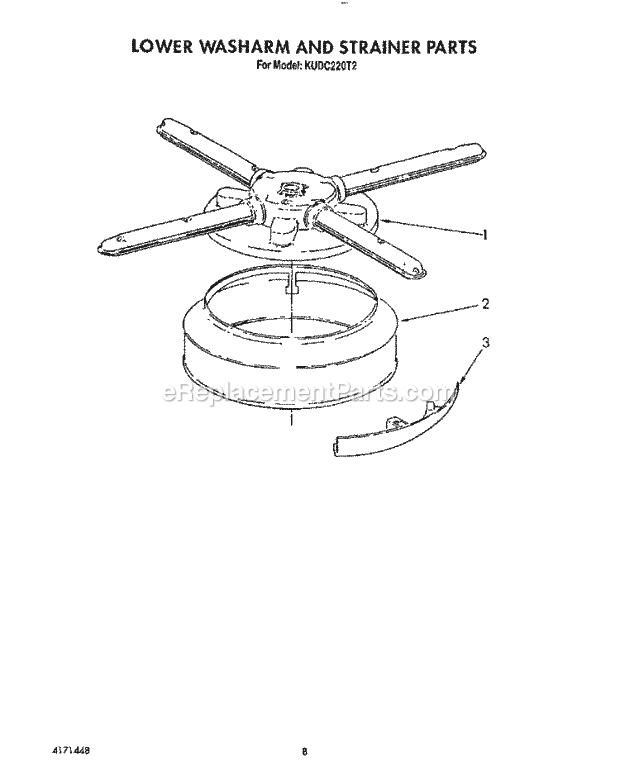 KitchenAid KUDC220T2 Dishwasher Lower Washarm and Strainer Diagram