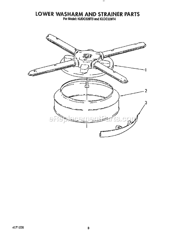 KitchenAid KUDC220T3 Dishwasher Lower Washarm and Strainer Diagram