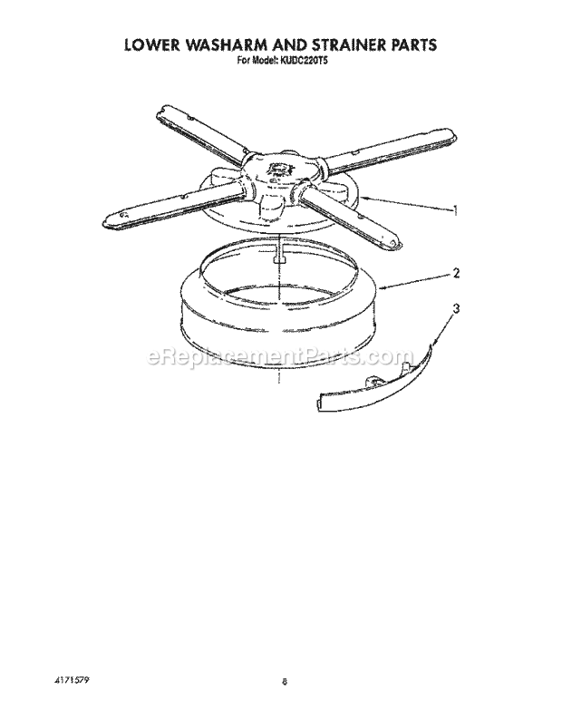 KitchenAid KUDC220T5 Dishwasher Lower Washarm and Strainer Diagram