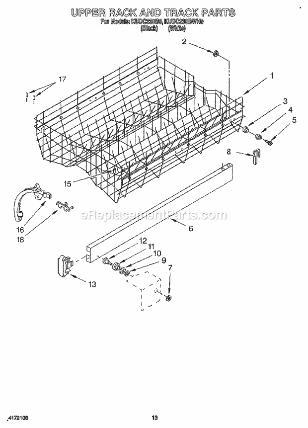 KitchenAid KUDC230B0 Dishwasher Upper Rack and Track Diagram