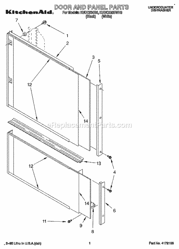 KitchenAid KUDC230B0 Dishwasher Door and Panel Diagram