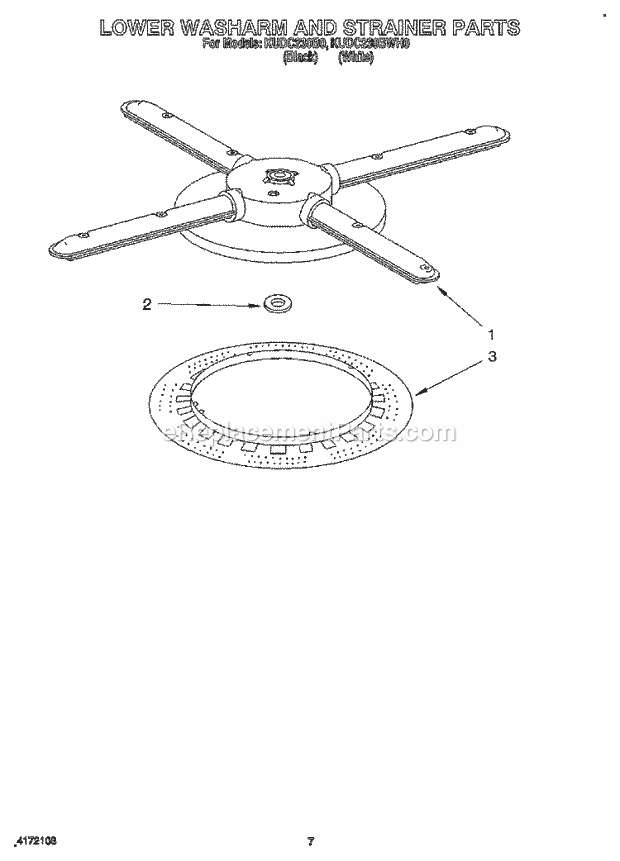 KitchenAid KUDC230B0 Dishwasher Lower Washarm and Strainer Diagram