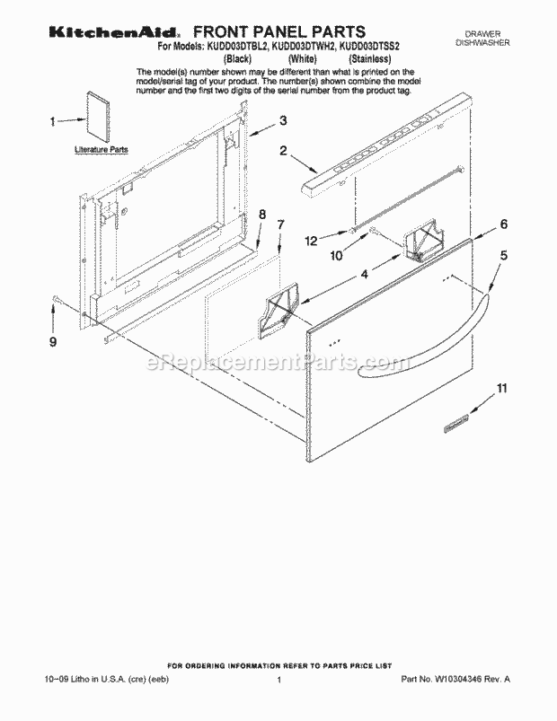 KitchenAid KUDD03DTBL2 Dishwasher Front Panel Parts Diagram