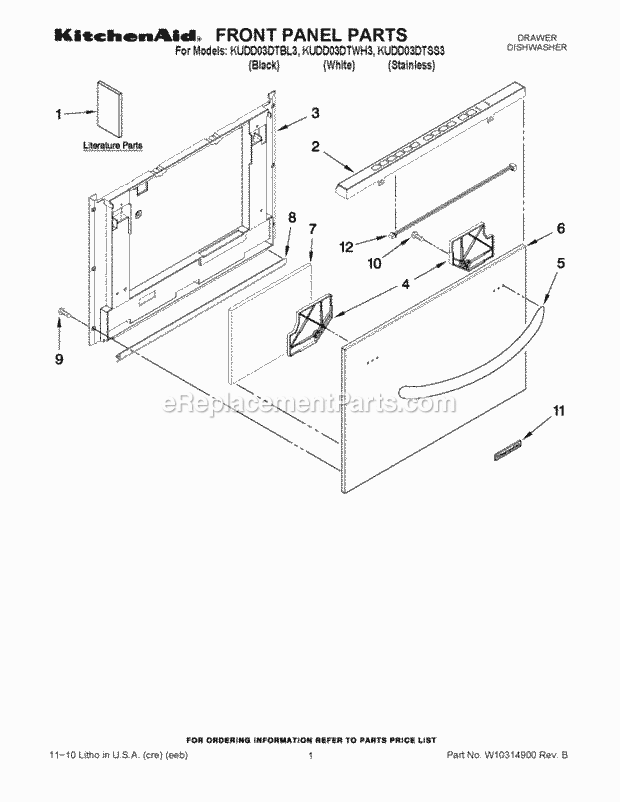 KitchenAid KUDD03DTBL3 Dishwasher Front Panel Parts Diagram