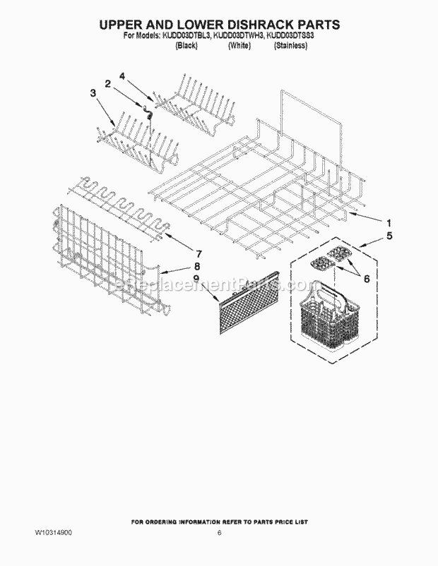 KitchenAid KUDD03DTBL3 Dishwasher Upper and Lower Dishrack Parts Diagram