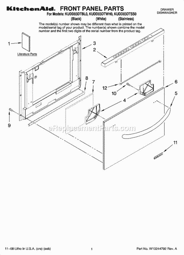 KitchenAid KUDD03DTWH0 Dishwasher Front Panel Parts Diagram