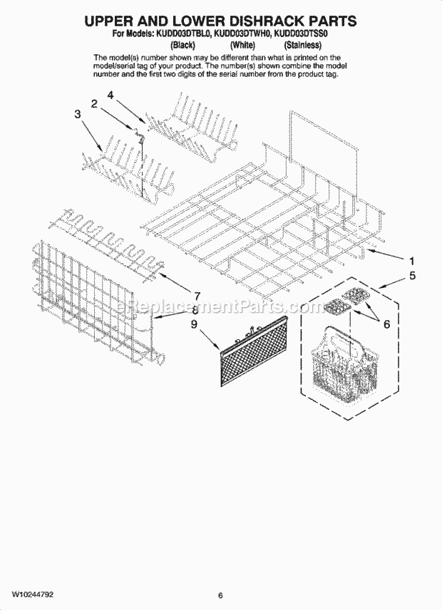 KitchenAid KUDD03DTWH0 Dishwasher Upper and Lower Dishrack Parts Diagram