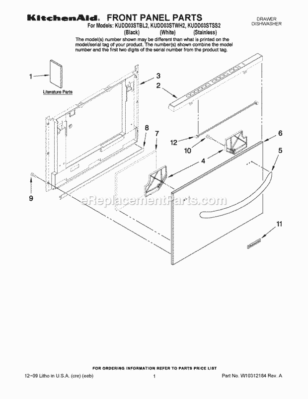 KitchenAid KUDD03STSS2 Dishwasher Front Panel Parts Diagram