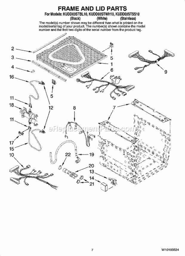 KitchenAid KUDD03STWH10 Dishwasher Frame and Lid Parts Diagram