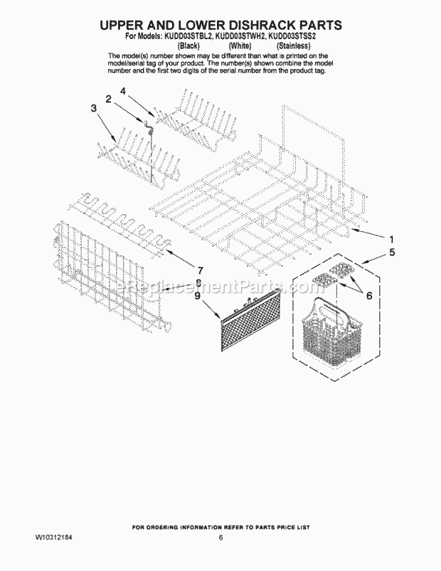 KitchenAid KUDD03STWH2 Dishwasher Upper and Lower Dishrack Parts Diagram