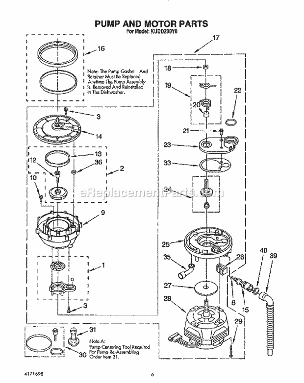 KitchenAid KUDD230Y0 Dishwasher Pump and Motor Diagram