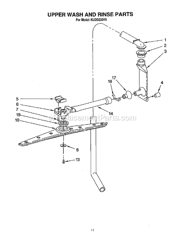 KitchenAid KUDD230Y0 Dishwasher Upper Wash and Rinse Diagram