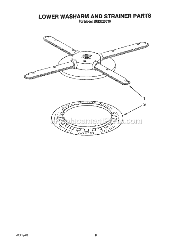 KitchenAid KUDD230Y0 Dishwasher Lower Washarm and Strainer Diagram