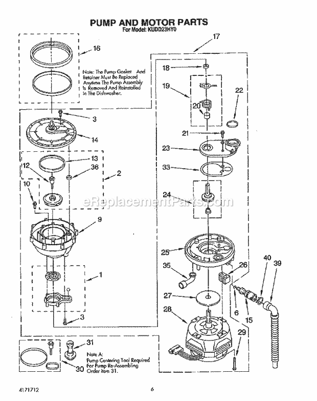 KitchenAid KUDD23HY0 Dishwasher Pump and Motor Diagram
