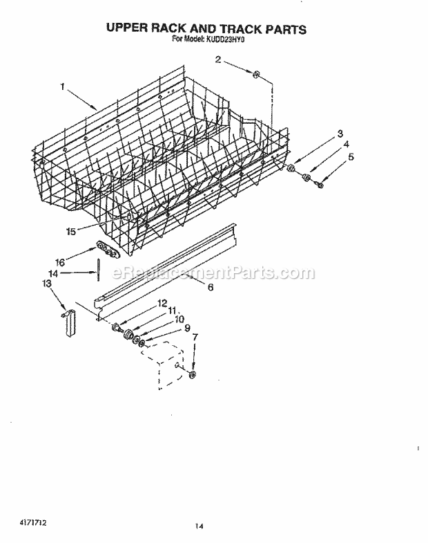 KitchenAid KUDD23HY0 Dishwasher Upper Rack and Track Diagram