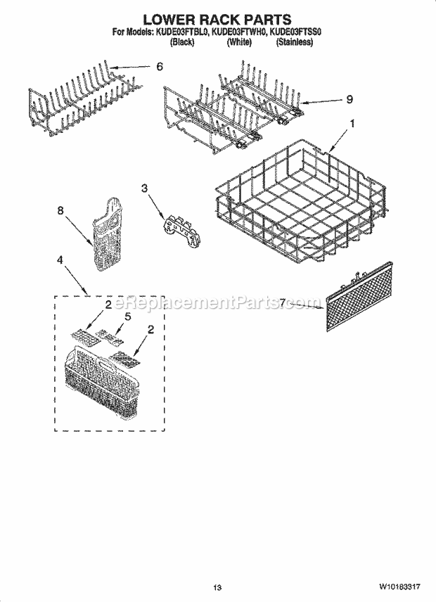 KitchenAid KUDE03FTBL0 Dishwasher Lower Rack Parts Diagram