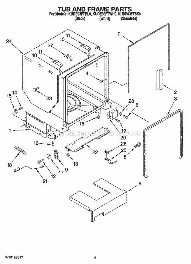 KitchenAid KUDE03FTBL0 Dishwasher Tub and Frame Parts Diagram