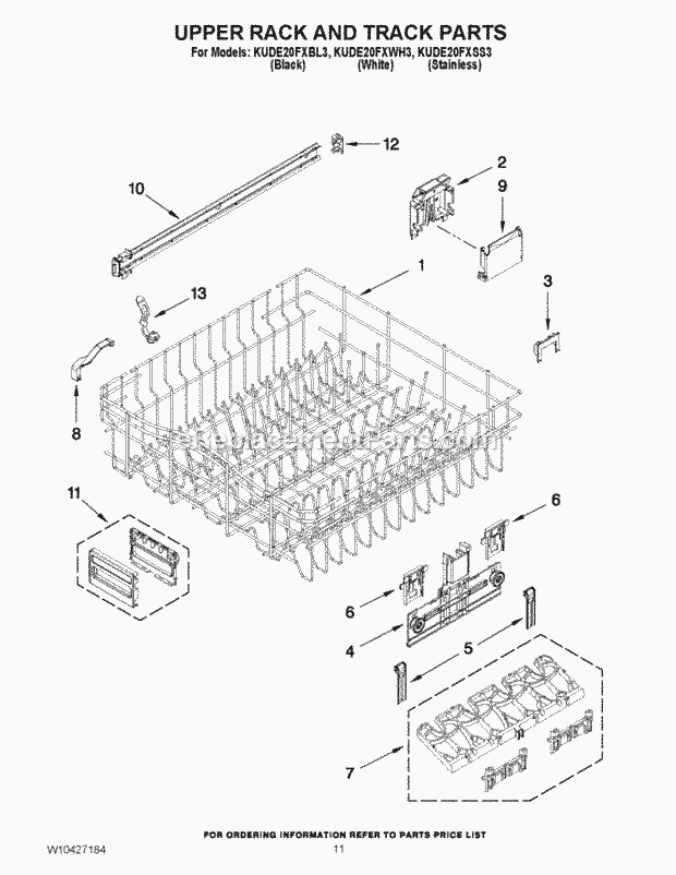 KitchenAid KUDE20FXBL3 Dishwasher Upper Rack and Track Parts Diagram