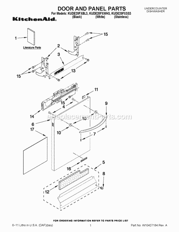 KitchenAid KUDE20FXBL3 Dishwasher Door and Panel Parts Diagram