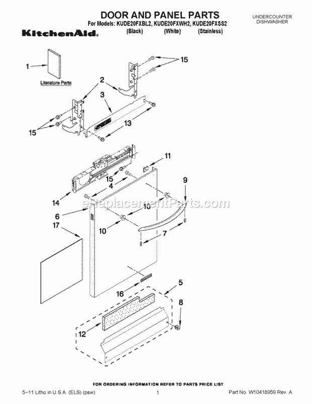 KitchenAid KUDE20FXSS2 Dishwasher Door and Panel Parts Diagram