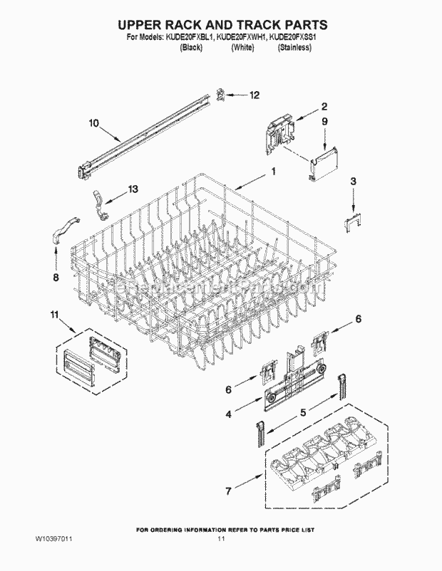 KitchenAid KUDE20FXWH1 Dishwasher Upper Rack and Track Parts Diagram