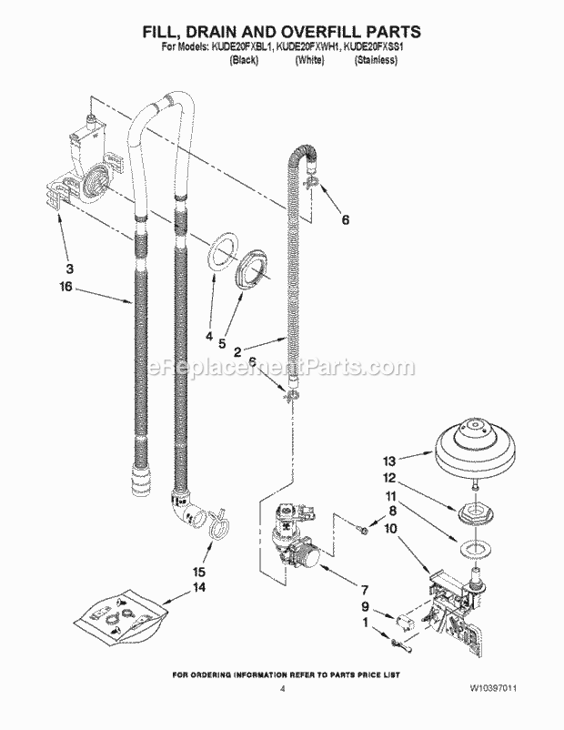 KitchenAid KUDE20FXWH1 Dishwasher Fill, Drain and Overfill Parts Diagram