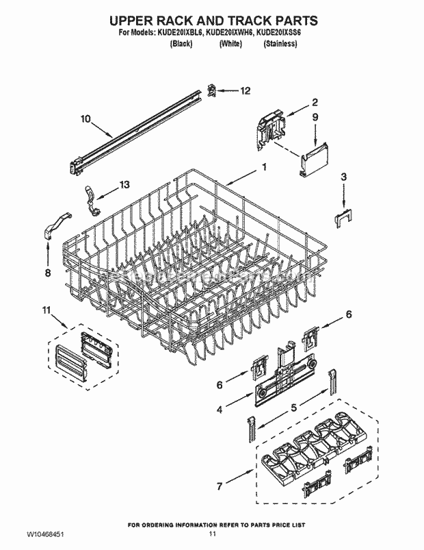 KitchenAid KUDE20IXBL6 Dishwasher Upper Rack and Track Parts Diagram