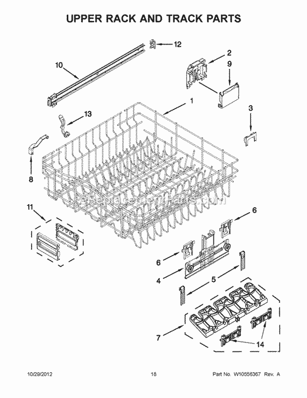 KitchenAid KUDE20IXBL9 Dishwasher Upper Rack and Track Parts Diagram