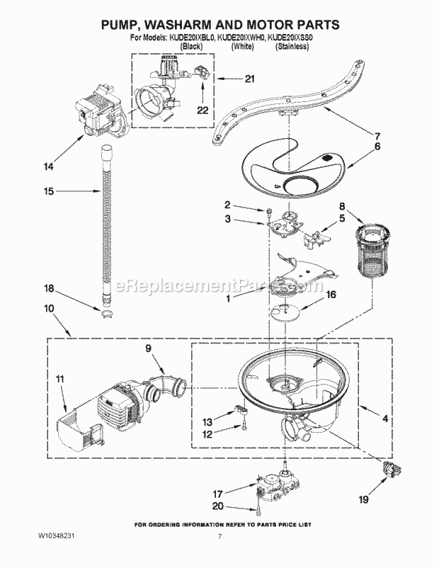 KitchenAid KUDE20IXWH0 Dishwasher Pump, Washarm and Motor Parts Diagram