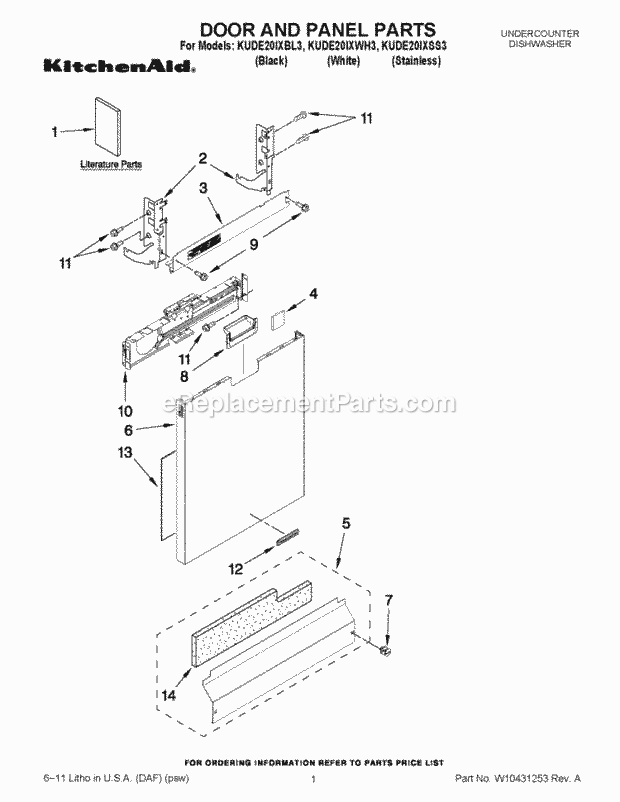 KitchenAid KUDE20IXWH3 Dishwasher Door and Panel Parts Diagram