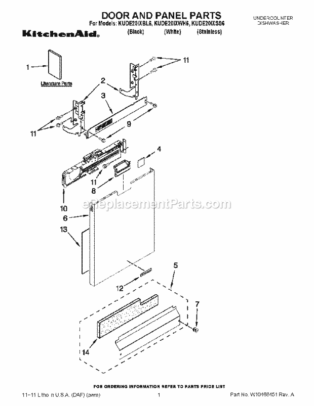 KitchenAid KUDE20IXWH6 Dishwasher Door and Panel Parts Diagram